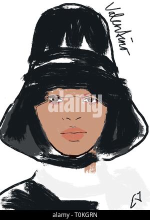 La peinture ou l'illustration de Valentino fashion model sur la piste pour l'automne hiver 2019 collection. Brun femme avec peau et hat Banque D'Images