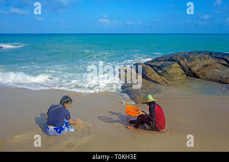 Les femmes thaïlandaises à creuser pour les moules à la plage, Lamai Beach, Koh Samui, Golfe de Thailande, Thaïlande Banque D'Images