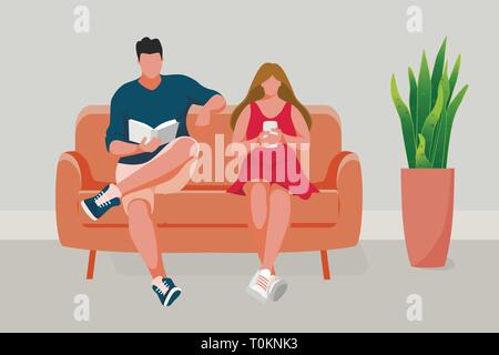 L'homme et la fille assise sur le canapé. Young man reading book. Fille à l'aide de téléphone mobile. Vector illustration Illustration de Vecteur