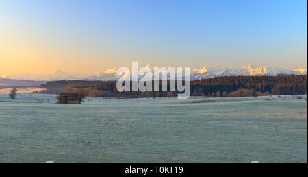 Lever du soleil sur les Alpes dans l'Allgaeu Schwangau près de Marktoberdorf Banque D'Images