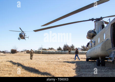 Les soldats de la Garde nationale d'armée Nebraska utilisé un hélicoptère CH-47 Chinook de la société B, 2-135ème Bataillon de soutien général à l'Aviation, sécuriser plusieurs balles de foin, le 20 mars 2019, et les bovins d'airdrop isolées par les inondations historiques à travers l'état. La Garde nationale du Nebraska a soutenu l'intervention en cours dans l'Est du Nebraska à la suite des inondations massives sur l'état's river systems qui a débuté le 13 mars 2019 et a causé des dommages considérables à l'infrastructure, l'agriculture et les biens personnels. Nebraska (photo de la Garde nationale par la CPS. Lisa Crawford) Banque D'Images