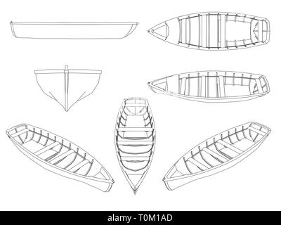 Définir avec les contours de bateaux en bois. Bateaux de lignes noires sur fond blanc. Bateaux isolé sur fond blanc. Différents points de vue. Vector Illustration de Vecteur