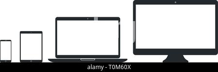 Smart phone, tablet pc, ordinateur portable, pc de bureau situé sur fond blanc. Les dispositifs technologiques modèle avec écran vide. Maquette simple vector design. Illustration de Vecteur