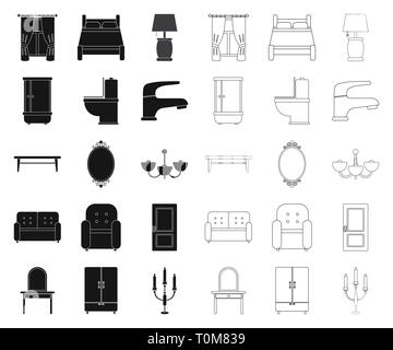 Appartement,accessoires,fauteuil,baignoire,lit, tables de chevet,Black,contours,bougie,café,lustre,collection,couleur,rideau,confort,design,bureau,dressing,porte,robinet,Marbre,flanc,lampe,meubles,mobilier,poignée titulaire,Accueil,icon,illustration,lampe,isolé,miroir,logo,modernes,retro,set,douche,signer,canapé,table,symbole,style,toilettes,divers,armoire,fenêtre,bois,vecteurs vecteur , Illustration de Vecteur