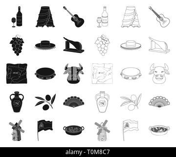 ,Acoustique,art,Black,attraction,plan,bouteille,direction,bull botte,collection,pays,Culture,design,ventilateur,flag,verre,flamenco,raisin,guitare, chapeau,tête,icône illustration,isolé,jambon,voyage,logo,matador,moulin,huile,olive,olives,paella,set,population showplace,vue,jupe,signe,Espagne,Spanish,cote,tambourin,territoire,tourisme,voyage,traditions,web,vecteur vecteurs vecteur , vin Illustration de Vecteur