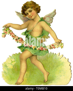 Le kitsch/cartes/souvenir, Angel, petit ange avec couronne de fleurs, lithographie, Allemagne, 1895, Additional-Rights Clearance-Info-Not-Available- Banque D'Images