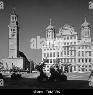 Géographie / voyage, Allemagne, Augsbourg, bâtiment, l'Hôtel de Ville et Perlachturm, vue extérieure, 1950 Additional-Rights Clearance-Info-Not-Available- Banque D'Images