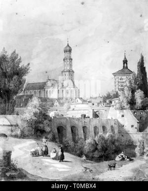 Géographie / voyage, Allemagne, Augsbourg, vue avec Rotes Tor et l'église Saint Ulrich et l'AFRA, lithographie de Eduard Gerhardt, milieu du 19ème siècle, ville, Église Ulrich, pont, les ponts, les murs de la ville, remparts, mur, murs, porte de la ville, portes de la ville, tour, tours, clocher bastille, souabe, royaume de Bavière, de l'Europe centrale, personnes, vue, vue, église, églises, lieux historiques, Additional-Rights Clearance-Info-historiques,-Not-Available Banque D'Images
