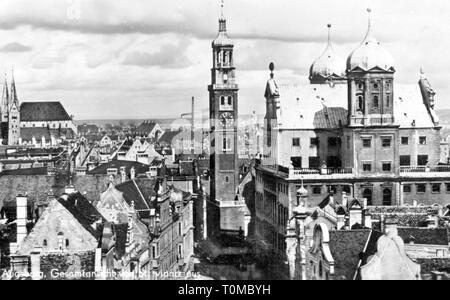 Géographie / voyage, Allemagne, Augsbourg, supervision, vue sur l'Hôtel de Ville et Perlachturm, photo carte postale, début 20ème siècle, ville, maisons, toit, toit, toits, toits, souabe, royaume de Bavière, l'Allemagne, l'Empire allemand, l'époque impériale, l'Europe centrale, années 1900, années 10, 10s, vue, vues, à l'hôtel de ville, hôtel de ville, mairie, mairies, sessions, mairies, photo carte postale, photo, cartes postales, historique, Additional-Rights Clearance-Info-historique-Not-Available Banque D'Images