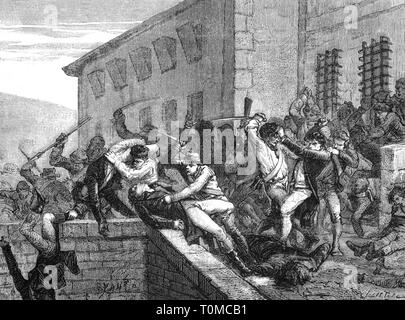 Révolution française 1789 - 1799, massacre de Saint-sever à la prison de Lyon, 24.4.1795, gravure sur bois, 2e moitié 19e siècle, royalistes, royalistes, France, première république, terreur blanche, guerre civile, 18e siècle, les gens, la révolution, révolutions, massacre, massacres, prison, prisons, une prison, une prison, prisons, historique, historique, l'artiste n'a pas d'auteur pour être effacé Banque D'Images