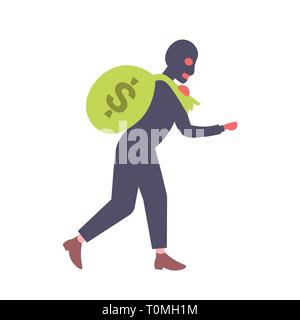 Man in Black mask transportant de l'argent sac voleur crime holding big bag gains illicites rapide Vol et fraude concept homme personnage pleine longueur Illustration de Vecteur