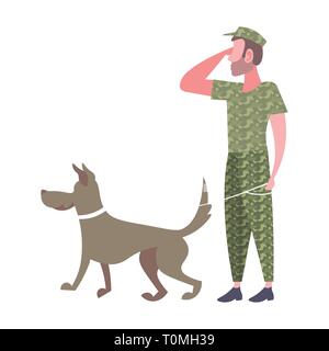 Homme debout militaire soldat de l'armée de chiens avec des uniformes de camouflage geste salut homme personnage télévision pleine longueur isolée Illustration de Vecteur