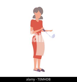 Woman in apron holding metal louche ménagère la cuisson la notion girl posent des personnage féminin télévision toute la longueur du vecteur isolé Illustration de Vecteur