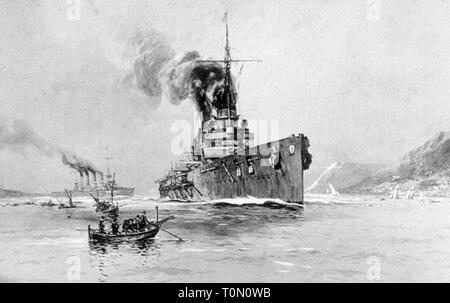 Première Guerre mondiale / LA PREMIÈRE GUERRE MONDIALE, la guerre navale, les navires allemands SMS SMS Goeben et Breslau quitter Messine, Sicile, 1.8.1914, carte postale après illustration par Willy Stoewer, 1914 / 1915, la Kaiserliche Marine, la Division de la Méditerranée, l'homme de guerre, guerre, guerre, grand cruiser, croiseur, Moltke-Class, Moltke class, Italie, Mer Méditerranée, s'échapper, l'Allemagne, l'Empire allemand, l'époque impériale, militaire, forces armées, des forces navales, de la marine, 1910, 10s, 20e siècle, les gens, tout d'abord, 1er Guerre mondiale, guerres mondiales, guerre navale, guerres navales, les navires, de bateau, de partir, quitter, Additional-Rights Clearance-Info, pos--Not-Available Banque D'Images
