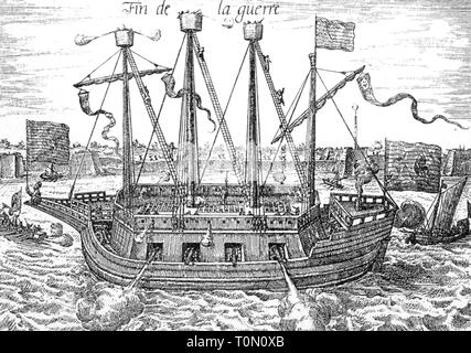 Transport / Transport, navigation, navire de guerre, navire néerlandais Finis Bellis lors du siège d'Anvers, 1585, Additional-Rights Clearance-Info-Not-Available- Banque D'Images