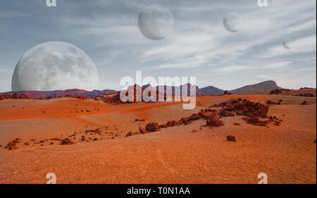 Planète Rouge avec paysage aride, des collines rocheuses et les montagnes, et un géant Mars-comme la lune à l'horizon, pour l'exploration de l'espace et la science fiction zone Banque D'Images