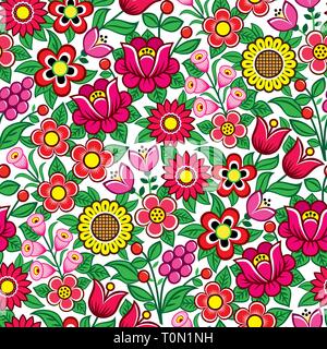 Seamless Floral Polish folk art vector pattern - design traditionnel avec des fleurs et des feuilles de Zalipie en Pologne Illustration de Vecteur