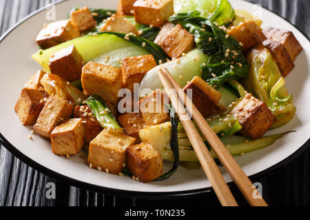 Tofu frit avec légumes asiatiques bok cho et sésame close-up sur une plaque sur la table horizontale. Banque D'Images