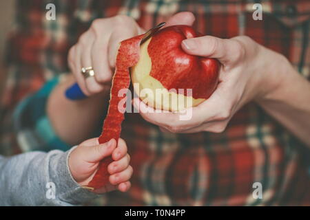 Red juicy pommes dans leurs mains Banque D'Images