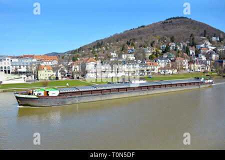 Navire de transport de fret avec piscine à travers du Neckar à Heidelberg, Allemagne au printemps Banque D'Images