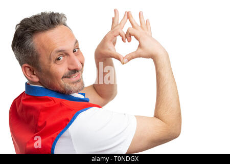 Heureux le supermarché ou hypermarché masculin montrant le geste de coeur love concept isolated on white background studio Banque D'Images