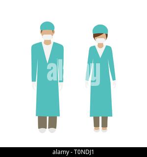 L'homme et la femme chirurgien caractère en vert manteau de laboratoire isolé sur fond blanc vector illustration EPS10 Illustration de Vecteur