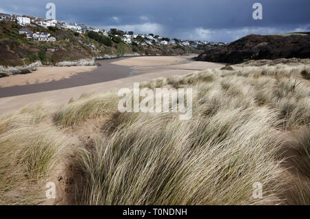 Vue depuis les dunes de Crantock, Gannel Newquay, Cornwall, England, UK Banque D'Images