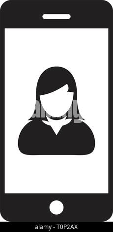 L'icône de l'utilisateur mobile vector femme avatar profil avec symbole smartphone pour la communication dans l'illustration pictogramme glyphe Illustration de Vecteur