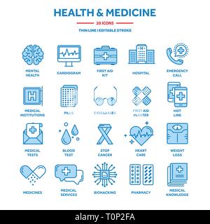 Les soins de santé, de la médecine. Les premiers soins. Des analyses de sang et de diagnostic médical. Coeur cardiogramme. Pilules et drogues.Fine ligne web icon set. Icônes contour Illustration de Vecteur