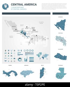 Jeu de cartes vectorielles. 7 cartes détaillées élevé de pays d'Amérique centrale avec division administrative et villes. Une carte politique, carte d'Amérique continen Illustration de Vecteur