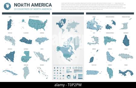Jeu de cartes vectorielles. 23 cartes détaillées haut de pays de l'Amérique du Nord avec division administrative et villes. Une carte politique, carte de l'Amérique, continent Illustration de Vecteur