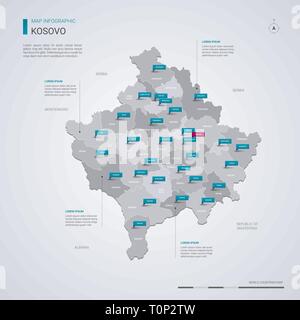 Kosovo carte vectorielle avec éléments infographique, pointeur marques. Modèle modifiable avec les régions, les villes et le capital de Pristina. Illustration de Vecteur