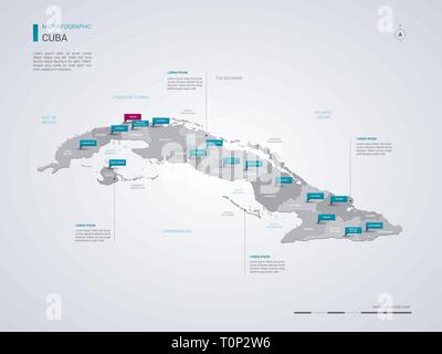 Cuba carte vectorielle avec éléments infographique, pointeur marques. Modèle modifiable avec les régions, les villes et des capitaux La Havane. Illustration de Vecteur