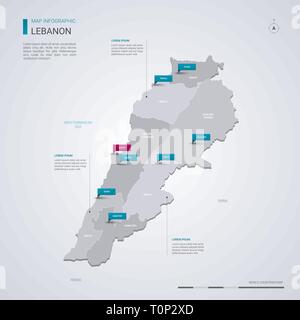 Liban carte vectorielle avec éléments infographique, pointeur marques. Modèle modifiable avec les régions, les villes et Beyrouth. Illustration de Vecteur