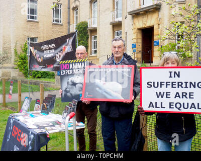 Oxford, UK. 21 Mar 2019. Les partisans des droits des animaux parler qui manifestaient dans le sud de la route des parcs. La parole a été mis en place il y a 15 ans ce mois-ci pour protester contre une nouvelle expérimentation animale centre de l'Université d'Oxford, de l'édifice des sciences biomédicales, qui a ouvert ses portes en 2008. Après deux ans de bataille de la Haute Cour, qui a pris fin en 2008, l'université a obtenu une injonction signifiant les militants peuvent seulement protester contre les jeudis entre 1h et 16h dans un petit espace salon. Ils se préparent également pour une manifestation à Oxford le 27 avril pour la Journée mondiale pour les animaux dans les laboratoires. Credit : Angela Swann/Alamy Live News Banque D'Images