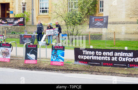 Oxford, UK. 21 Mar 2019. Les partisans des droits des animaux parler qui manifestaient dans le sud de la route des parcs. La parole a été mis en place il y a 15 ans ce mois-ci pour protester contre une nouvelle expérimentation animale centre de l'Université d'Oxford, de l'édifice des sciences biomédicales, qui a ouvert ses portes en 2008. Après deux ans de bataille de la Haute Cour, qui a pris fin en 2008, l'université a obtenu une injonction signifiant les militants peuvent seulement protester contre les jeudis entre 1h et 16h dans un petit espace salon. Ils se préparent également pour une manifestation à Oxford le 27 avril pour la Journée mondiale pour les animaux dans les laboratoires. Credit : Angela Swann/Alamy Live News Banque D'Images