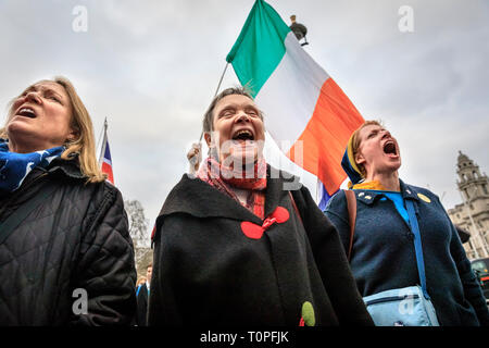 Westminster, London, UK, 21 Mar 2019. Anti-Brexit les manifestants, y compris ceux avec des drapeaux irlandais, se rassemblent autour de SODEM (Stand de Défi Mouvement européen) fondateur Steve Bray se réunir à l'extérieur du Parlement pour leur 'Stop' Brexit crier aux portes. Le shout out chaque soir est devenu une routine au cours des presque 2 ans, comme ils l'air de défi à faire entendre leur voix. Credit : Imageplotter/Alamy Live News Banque D'Images