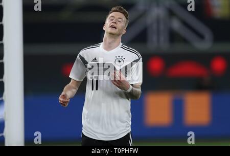 Wolfsburg, Allemagne. Mar 21, 2019. firo : 20.03.2019, Football, 2018/2019, Landerspiel : Équipe nationale : Allemagne - Serbie 1 : 1 échangés, GEstik, MArco Reus | Conditions de crédit dans le monde entier : dpa/Alamy Live News Banque D'Images