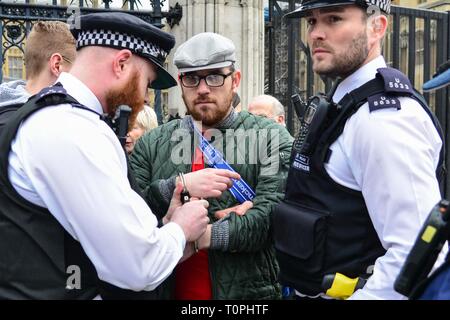 Londres, Royaume-Uni. Mar 21, 2019. 21 mars 2019 Londres : un homme est menotté à l'extérieur de la porte du chariot, les Maisons du Parlement. Credit : claire doherty/Alamy Live News Banque D'Images