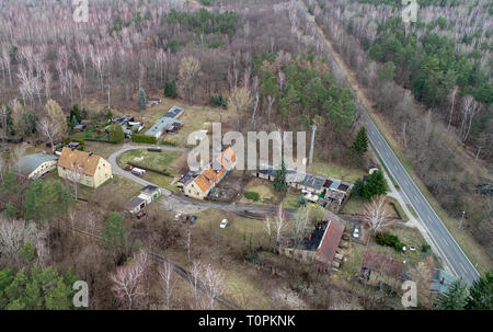 Alwine, Allemagne. Mar 19, 2019. Maisons du petit village Alwine lors de la Landstraße 65, qui appartient à l'arrondissement de la ville Domsdorf Uebigau-Wahrenbrück dans le district Elbe-Elster (photo aérienne avec un bourdon). (Pour 'Alwine a été vendue aux enchères il y a un an') Credit : Patrick Pleul/dpa-Zentralbild/ZB/dpa/Alamy Live News Banque D'Images
