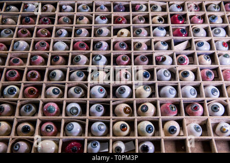 Rostock, Allemagne. Feb 11, 2019. Une partie des 132 pathologies de l'oeil de verre historique archives de la Clinique Ophtalmologique de l'hôpital de l'université de Rostock est situé dans un ensemble. L'histoire du verre soufflé yeux entre 1860 et 1880 est l'objet d'une thèse de doctorat écrite dans les cinq dernières années. Les yeux de verre ont été fabriqués il y a 150 ans pour visualiser les maladies des yeux par des souffleurs de verre de Lauscha et documenté le travail de recherche du département d'Ophtalmologie de l'hôpital universitaire. Credit : Jens Büttner/dpa-Zentralbild/dpa/Alamy Live News Banque D'Images