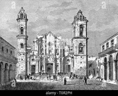 Géographie / voyages, Cuba, La Havane, les villes et les collectivités, les églises, la cathédrale San Cristobal, Plaza de la Catedral, vue extérieure, gravure sur bois, fin du xixe siècle, la ville, l'Église catholique, carrés, carrés, architecture, Iles du Caraïbes, Antilles, Antilles, colonie espagnole, l'Espagne, l'Amérique, les gens, la communauté, les communautés, La Havane, La Havane, églises, cathédrales, église, cathédrale, historique, historique Additional-Rights Clearance-Info-,-Not-Available Banque D'Images