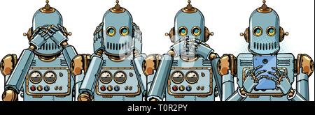 Robot avec téléphone, Internet concept. ne pas voir entendre dire. Isoler sur fond blanc Pop art retro kitsch vintage illustration vectorielle Illustration de Vecteur