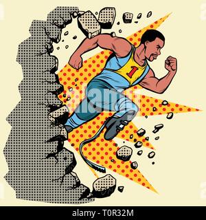 Brise le mur. mobilité African runner avec prothèses de jambe en marche avant. compétition sportive. Pop art retro kitsch vintage illustration vectorielle Illustration de Vecteur