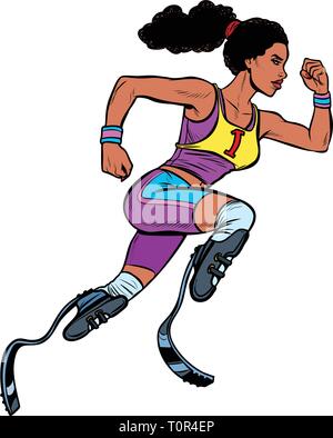 Mobilité African woman runner avec prothèses de jambe en marche avant. compétition sportive. Pop art retro kitsch vintage illustration vectorielle Illustration de Vecteur
