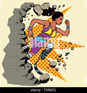 Brise le mur mobilité African woman runner avec prothèses de jambe en marche avant. compétition sportive. Pop art retro vintage illustration vectorielle kitsc Illustration de Vecteur