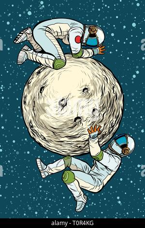 Les astronautes sur la lune, l'exploration de l'espace. Pop art retro vintage kitsch vector illustration Illustration de Vecteur