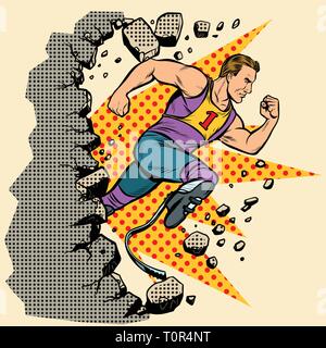 Brise le mur mobilité runner avec prothèses de jambe en marche avant. compétition sportive. Pop art retro kitsch vintage illustration vectorielle Illustration de Vecteur