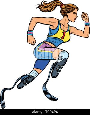 Mobilité runner femme avec des prothèses de jambe en marche avant. compétition sportive. Pop art retro kitsch vintage illustration vectorielle Illustration de Vecteur