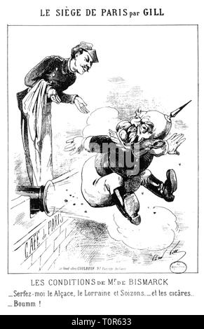 Guerre franco-prussienne 1870 - 1871, siège de Paris, la caricature, le serveur du Café de Paris envoie Otto von Bismarck loin, dessin par André Gill, Journal, janvier 1871, la satire, la caricature, caricatures, cartoon, dessins animés, France, refuser, rejeter, repousser, repousser, négociations, cannon, canons, fusils, armes à feu, Troisième République, Allemand - Français, les gens, les hommes, homme, homme, viril, 19e siècle, historique, historique, Additional-Rights Clearance-Info-Not-Available- Banque D'Images